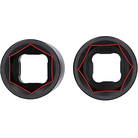 Deux douilles noires avec un contour rouge, montrant le profil intérieur.